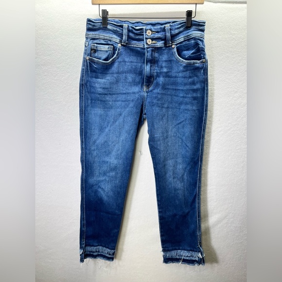 KanCan Cropped Frayed Jeans Womens 29 Blue Denim Stretch Cute pants Button 2228 - Picture 1 of 9